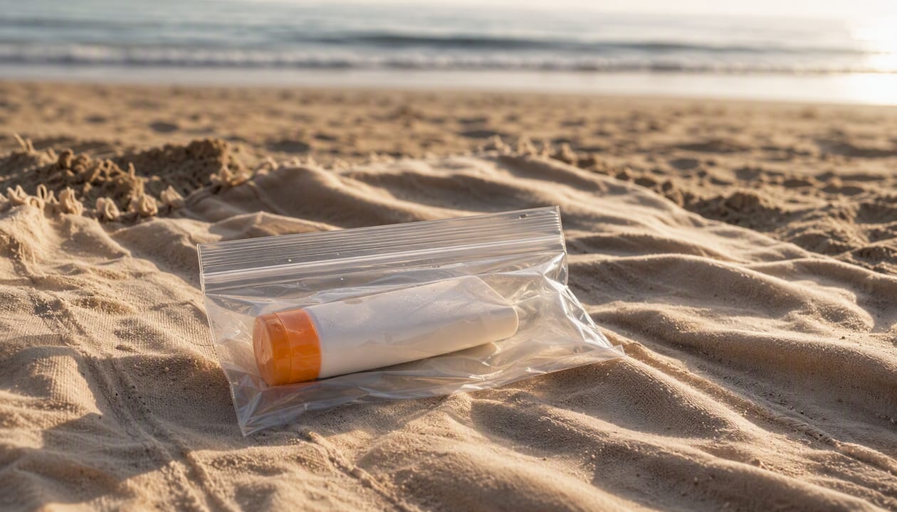 Sunscreen bottle packed safely in a zip-lock bag