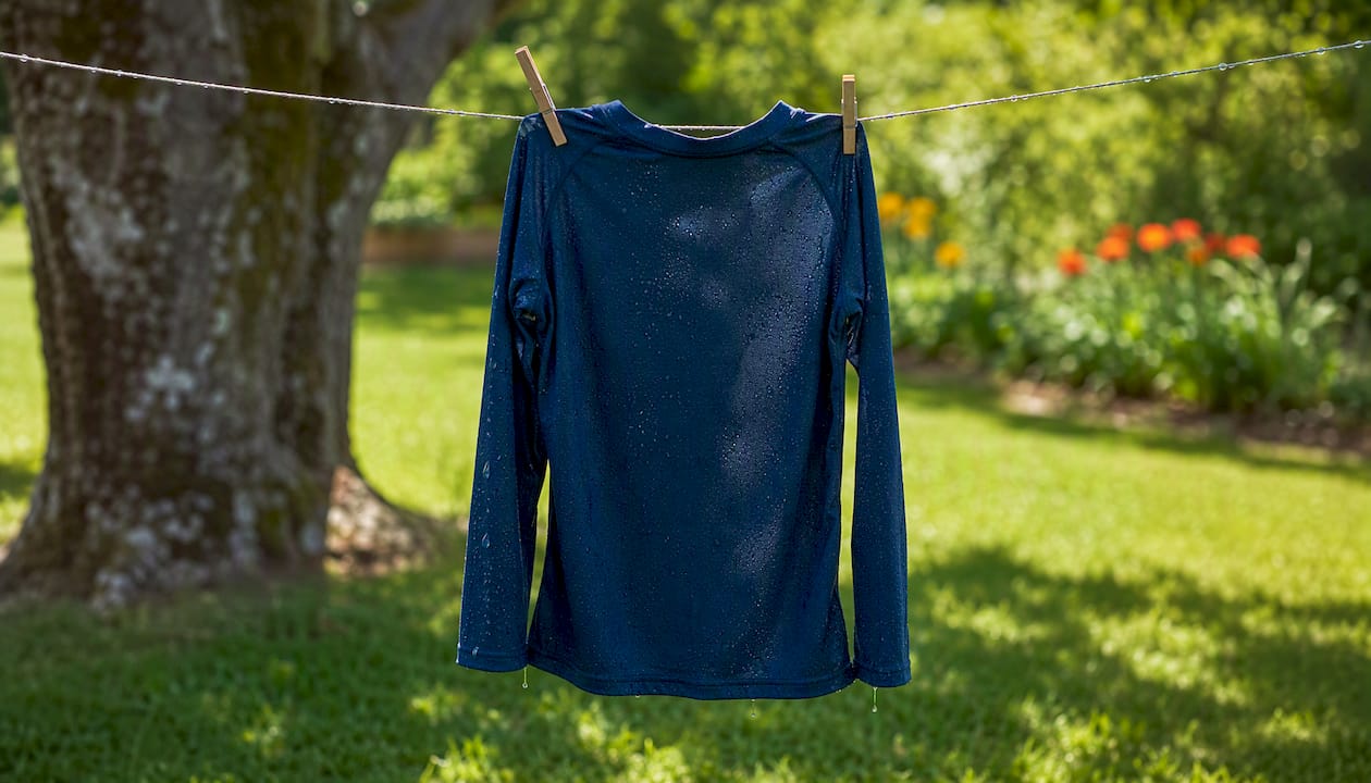 Wet UPF swim shirt drying outdoors