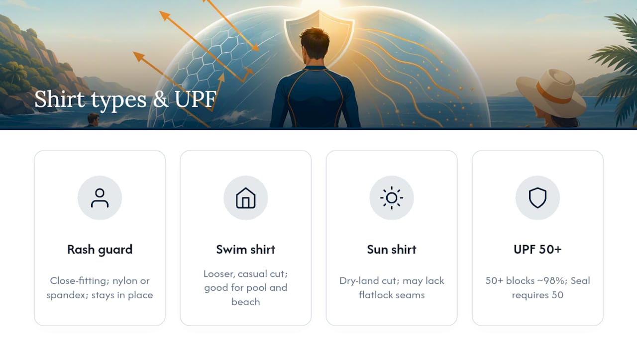 What are swim shirts, rash guards, and UPF ratings? — overview diagram