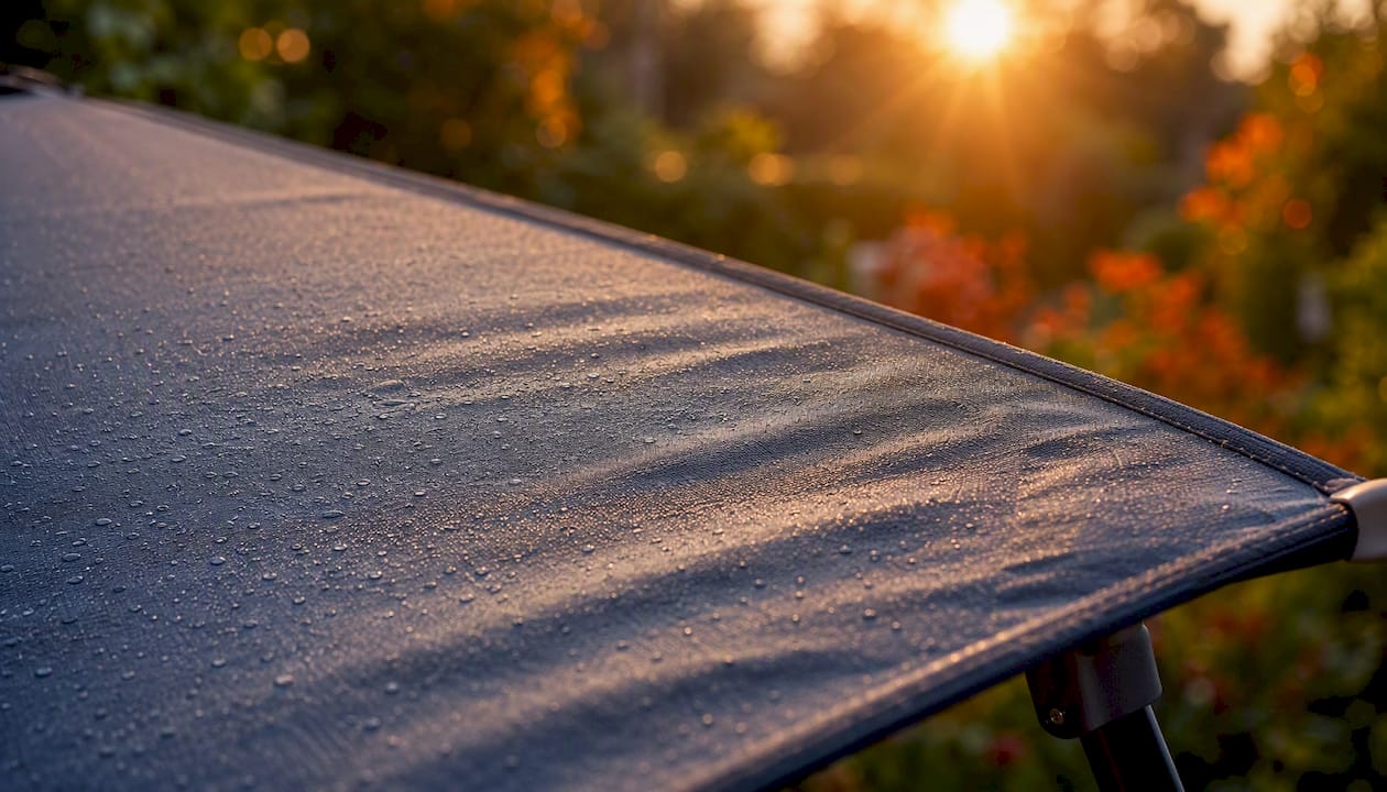 Wet stretched synthetic fabric close-up with droplets