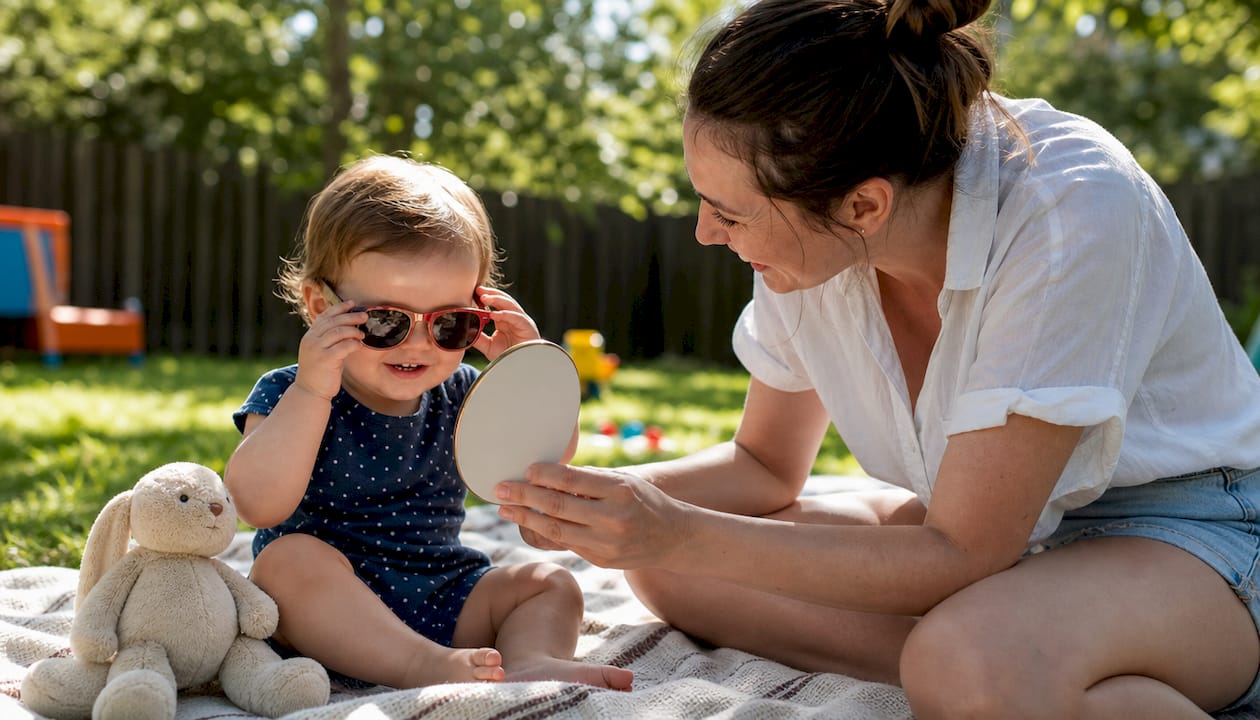 Toddler trying on sunglasses before a mirror outdoors