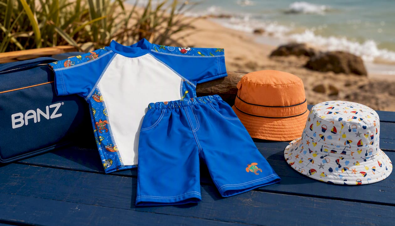 Short Sleeve Rash Guard and Board Shorts Set Coolgardie Blue Size 4