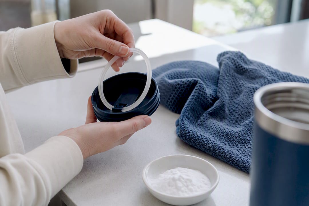 Hands removing tumbler lid gasket for drying