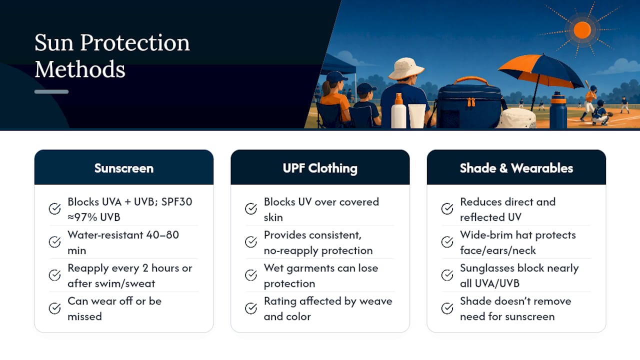The Science Behind Sunscreen, UPF Clothing, Shade, and Timing — overview diagram