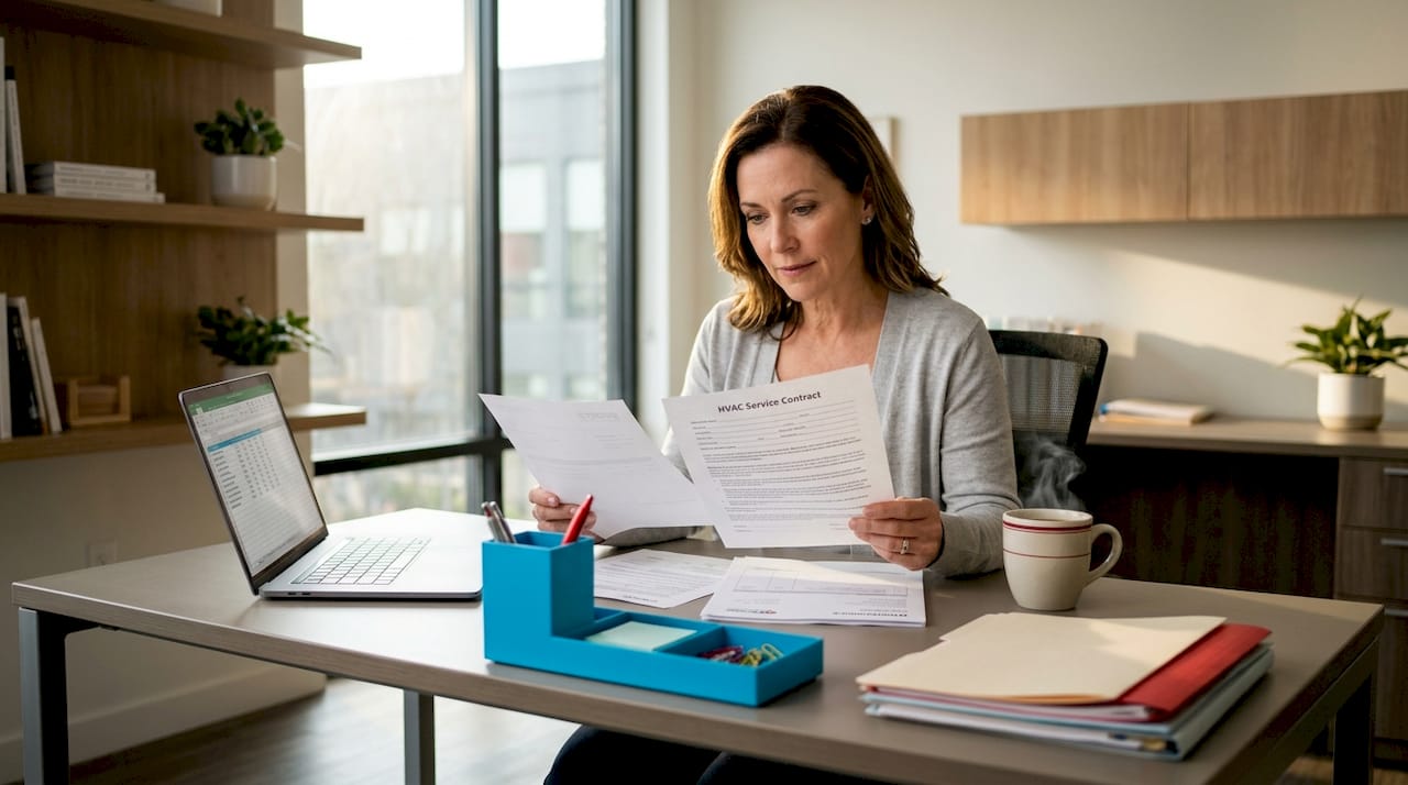 Selecting A Commercial Hvac Maintenance Provider 4 Property Manager Reviews Service Contract At Office Table