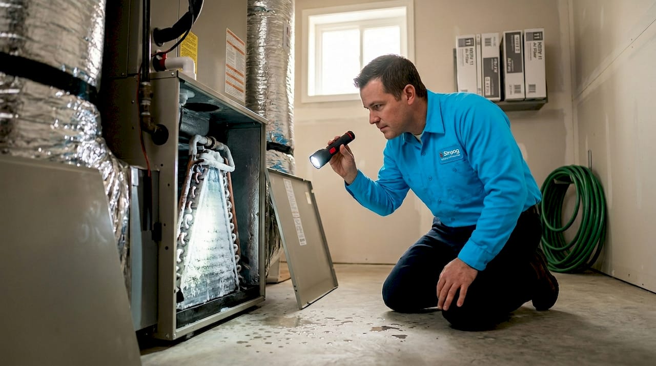 What Causes Hvac To Blow Cold Air When Heating 4 Technician Inspecting Frozen Indoor Hvac Coil