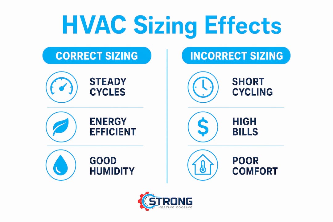 Infographic comparing correct vs incorrect HVAC sizing effects