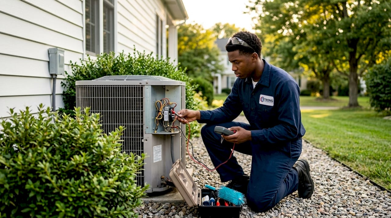 HVAC technician inspecting outdoor AC unit