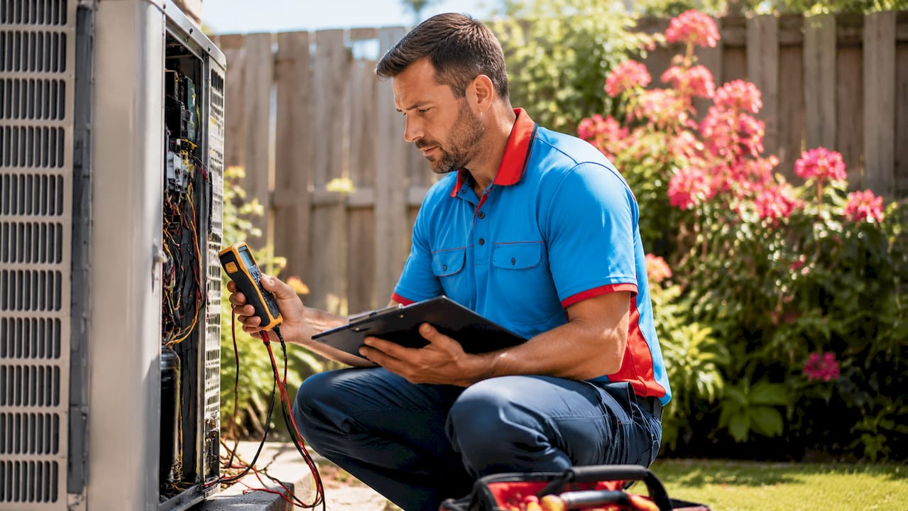 HVAC technician checking system efficiency outdoors