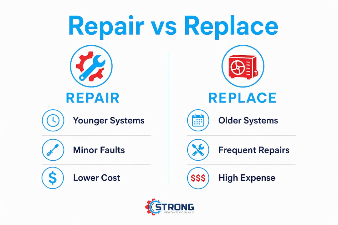 Infographic comparing HVAC repair and replacement criteria