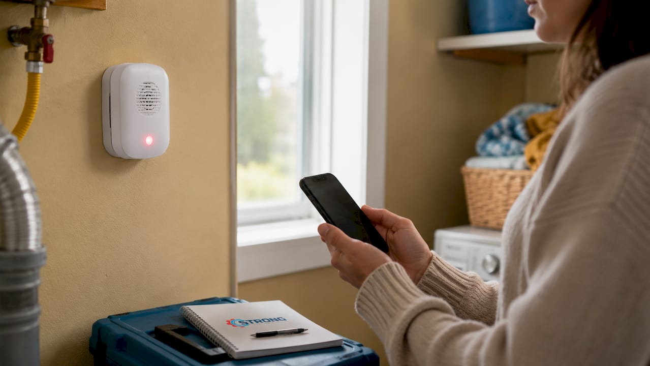 Home gas detector and hands holding phone