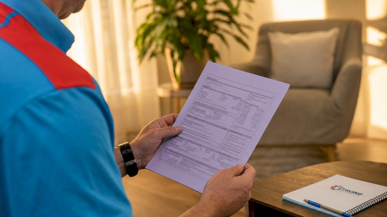 Technician holding detailed HVAC equipment quote paper