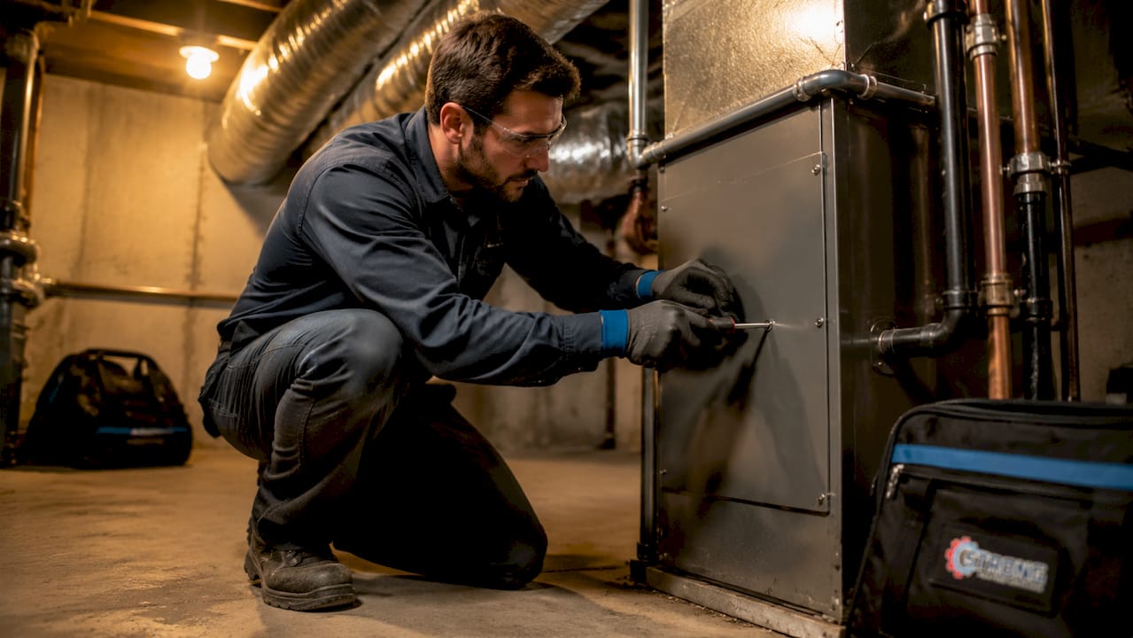 Hands tightening HVAC air handler panel screw
