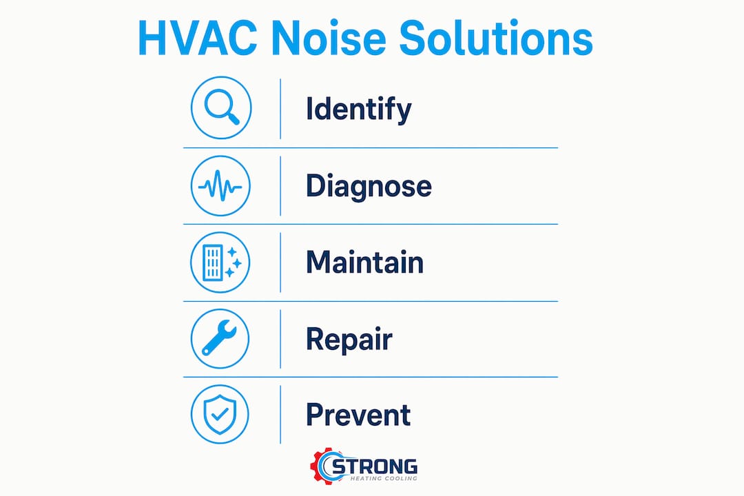 Infographic illustrating HVAC noise troubleshooting steps