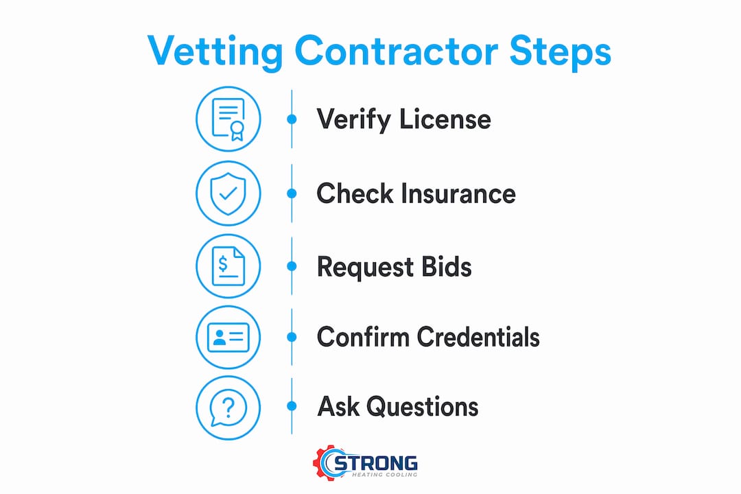 Infographic showing five steps to vet HVAC contractors with icons and labels