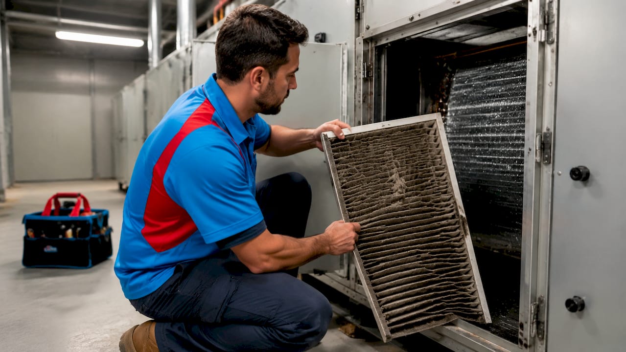 Hands replacing dirty commercial HVAC air filter