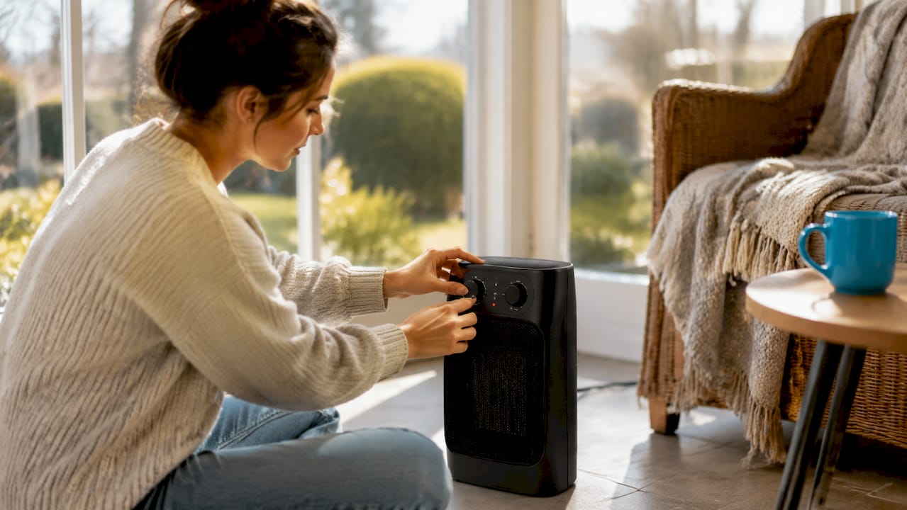 Close-up of hands adjusting portable heater dial