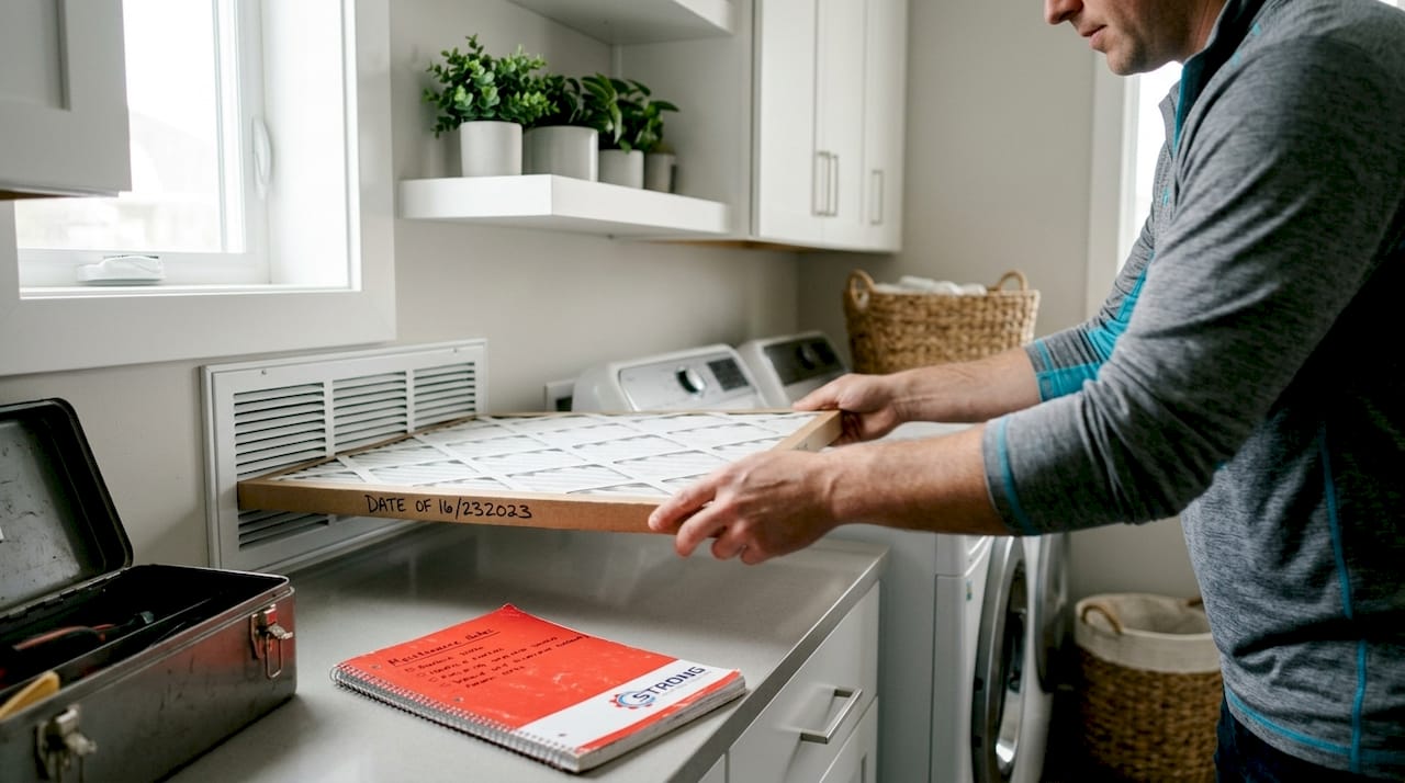 Hands replacing HVAC air filter with date label