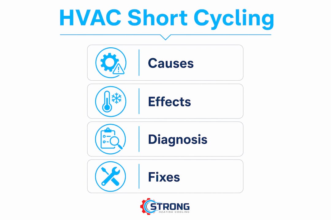 Infographic outlining HVAC short cycling causes, effects, diagnosis, and fixes
