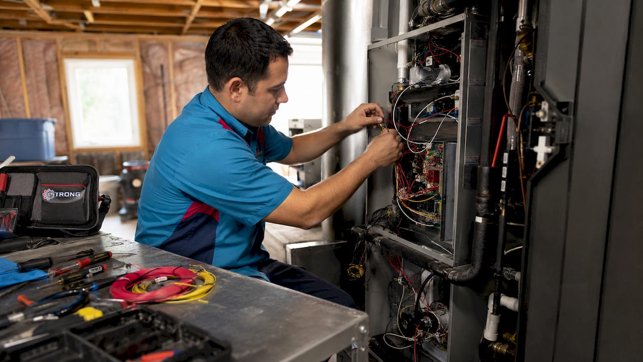 Technician working on HVAC wiring panel