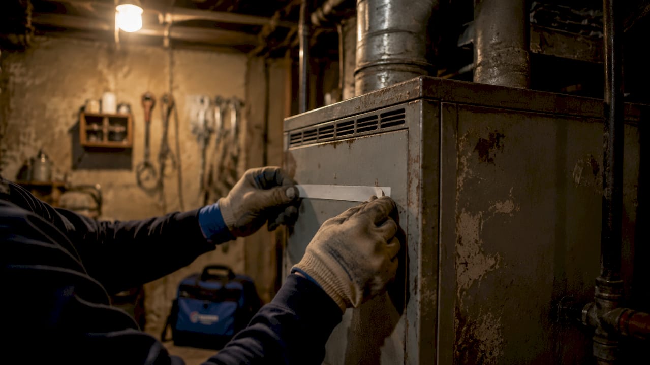 Technician labeling an aged furnace unit