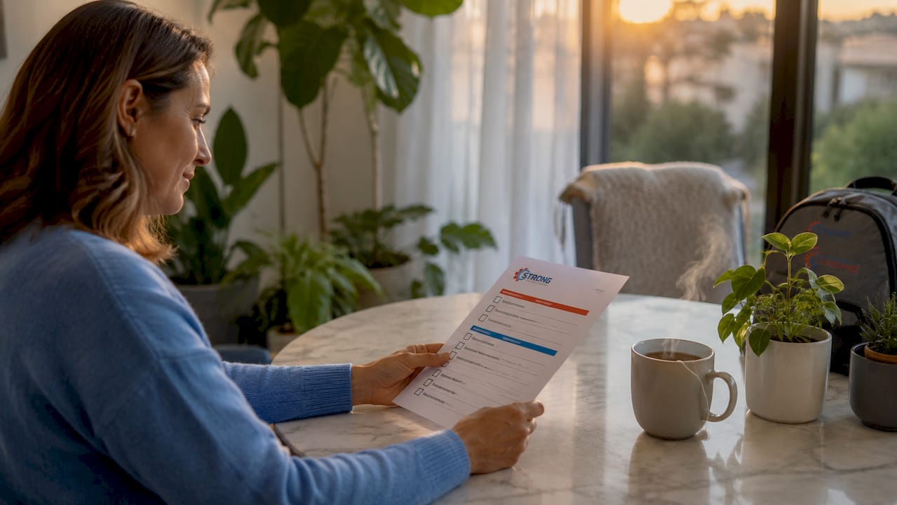 Hands holding HVAC checklist at home table
