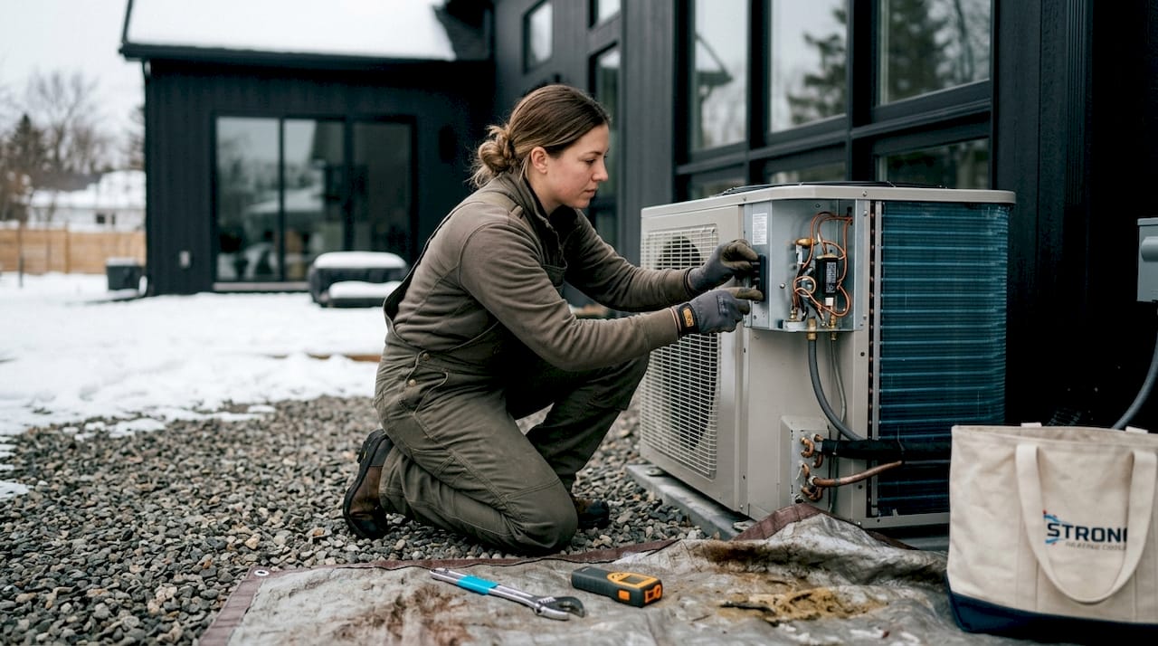 Hands adjusting heat pump controls outdoors