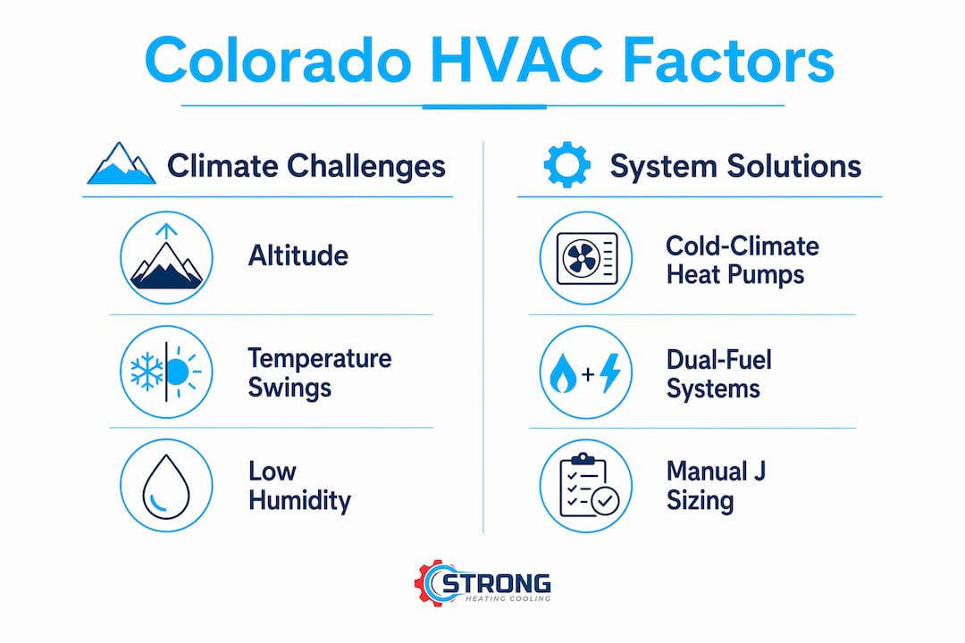 Infographic comparing Colorado climate challenges and HVAC solutions