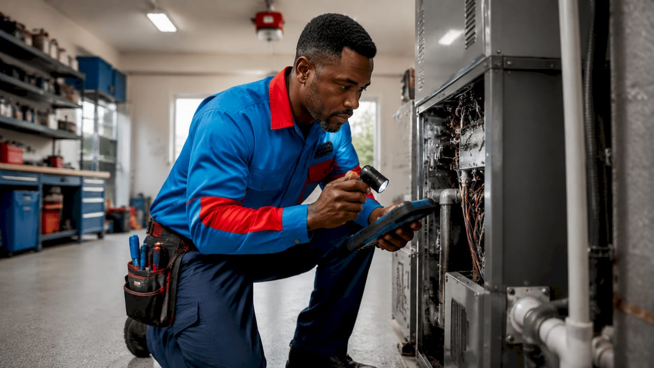 Technician inspecting HVAC furnace system