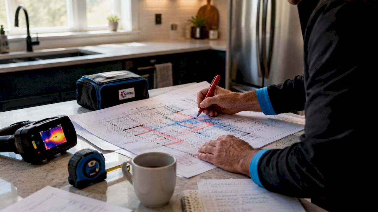 Technician analyzing home thermal load blueprint