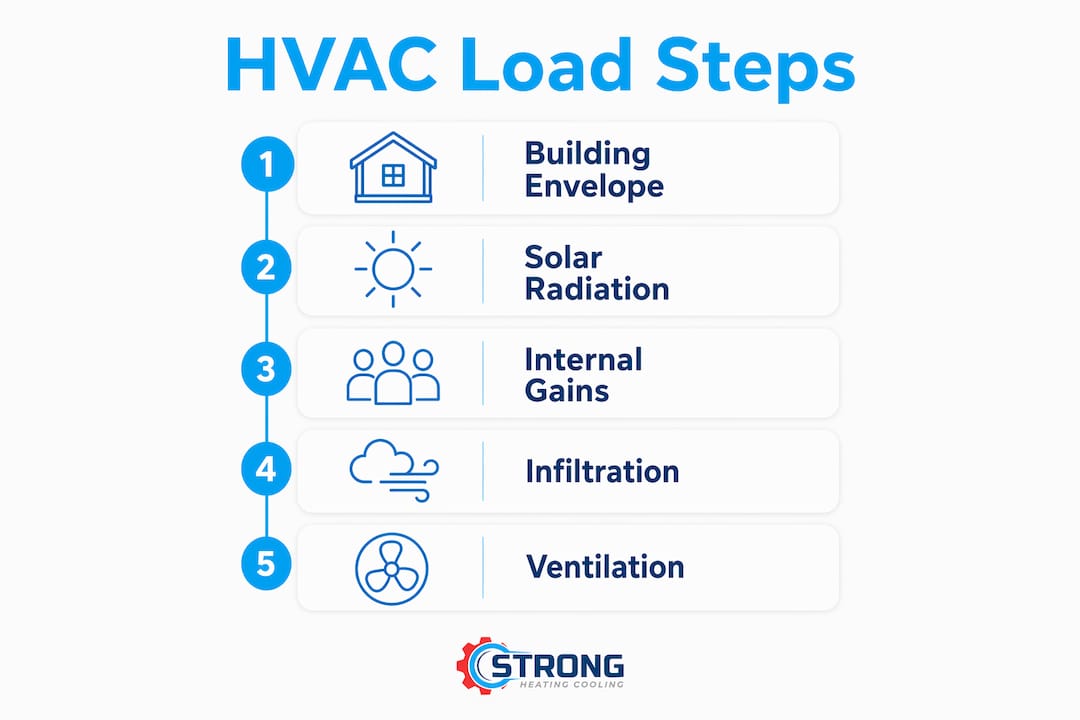 Infographic illustrating HVAC load calculation steps