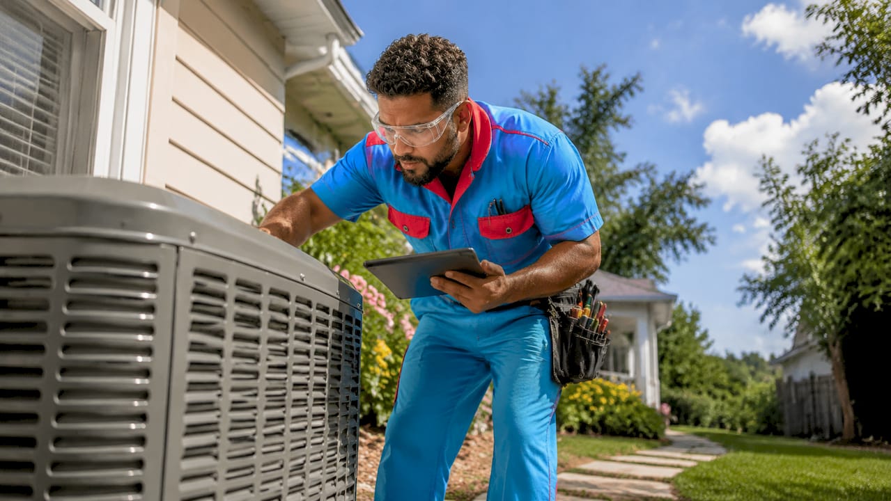 Technician inspecting outdoor AC unit