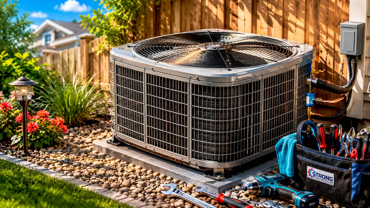 Close-up on condenser coil and outdoor fan