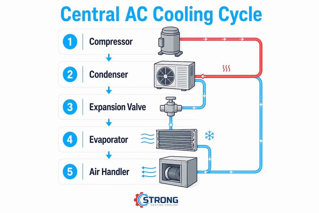 Infographic showing central AC cooling cycle steps
