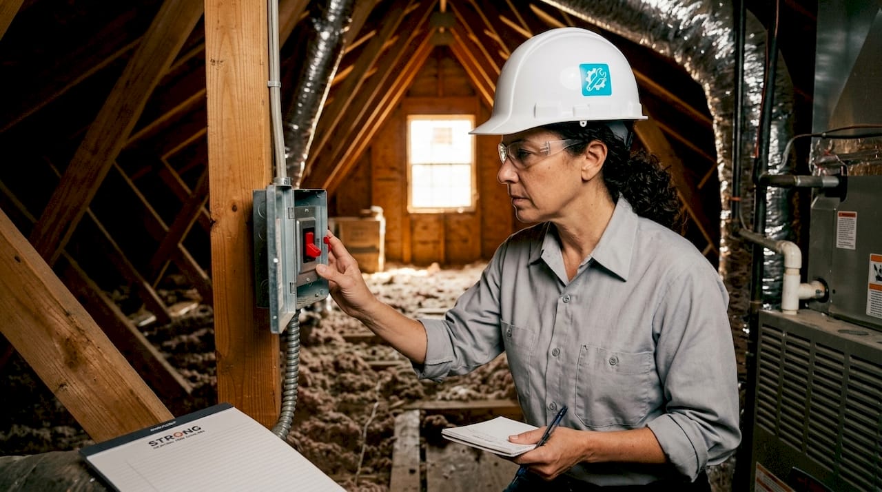 Woman inspecting indoor HVAC emergency shutoff switch