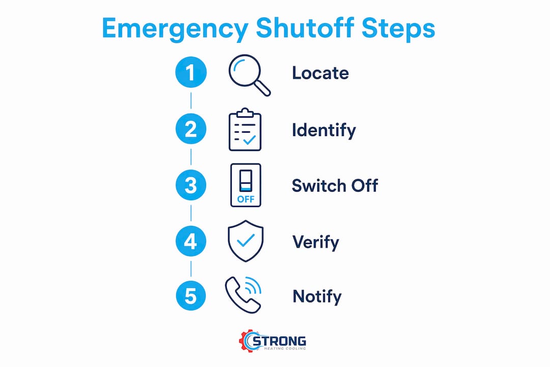 Infographic illustrating emergency shutoff steps