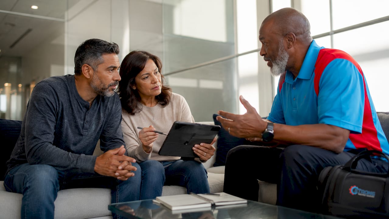 Contractor explaining HVAC financing to homeowners