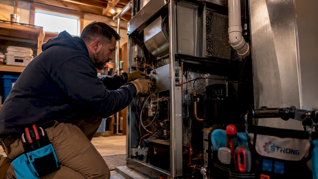 Hands adjusting components inside HVAC unit cabinet