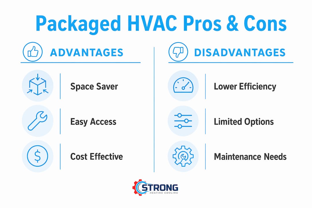 Infographic comparing advantages and disadvantages of packaged HVAC units