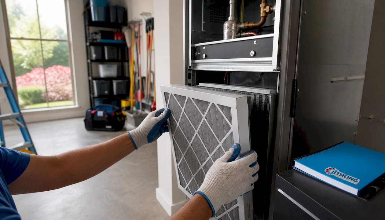 Hands installing pleated HVAC air filter in unit