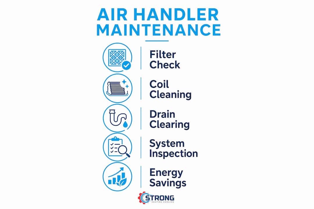 Infographic illustrating air handler maintenance steps and benefits