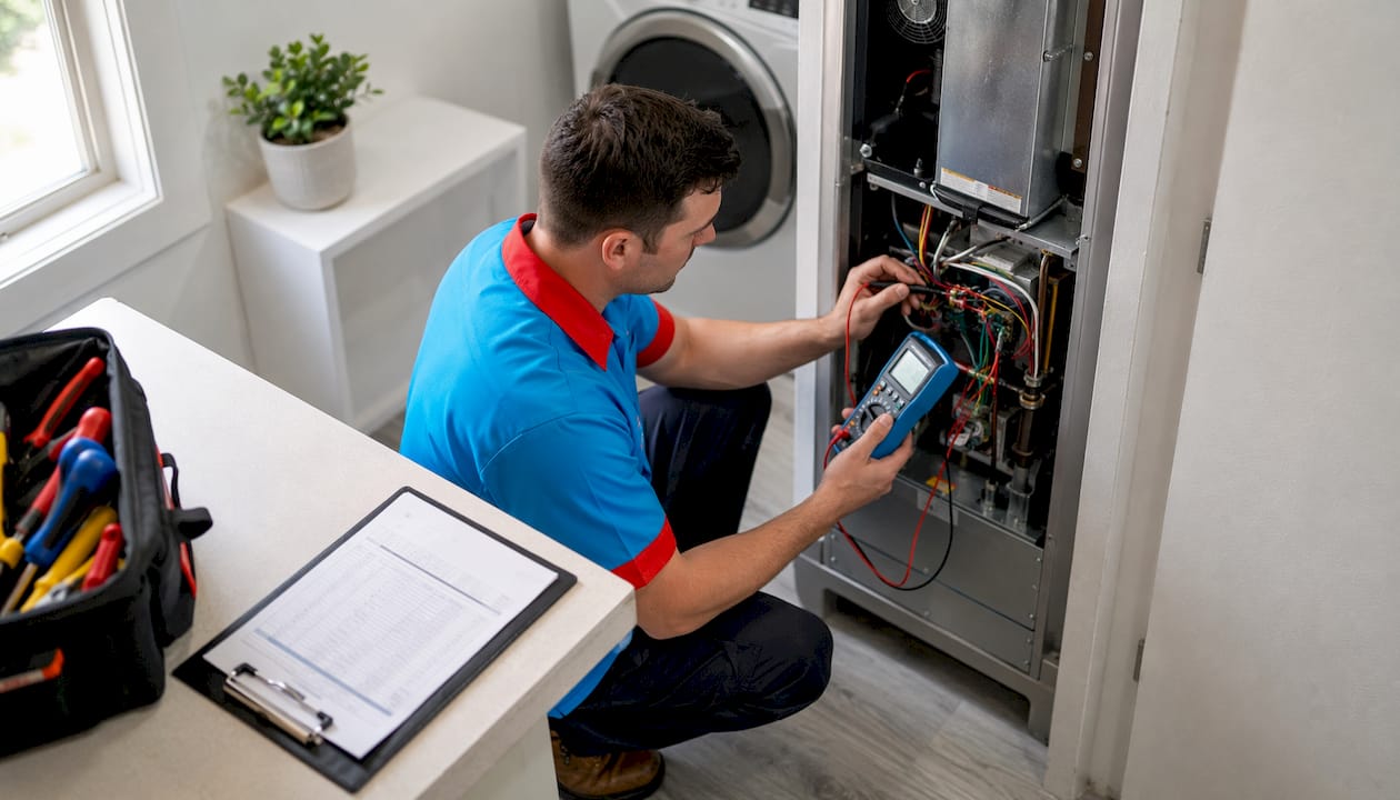 HVAC technician inspecting system components