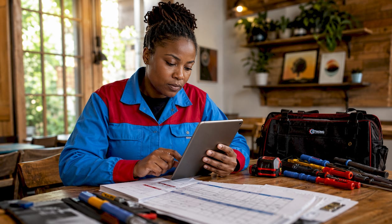 HVAC technician reviewing tablet inside service van