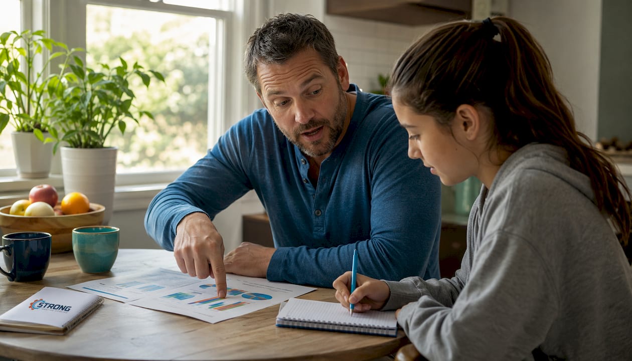 Father and daughter reviewing home energy bills at kitchen table