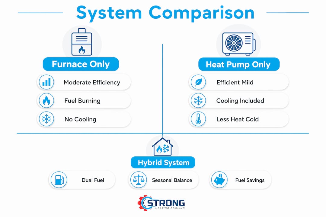Infographic comparing furnace, heat pump, and hybrid systems