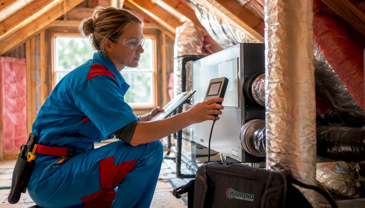 Technician adjusting home HRV ventilation unit