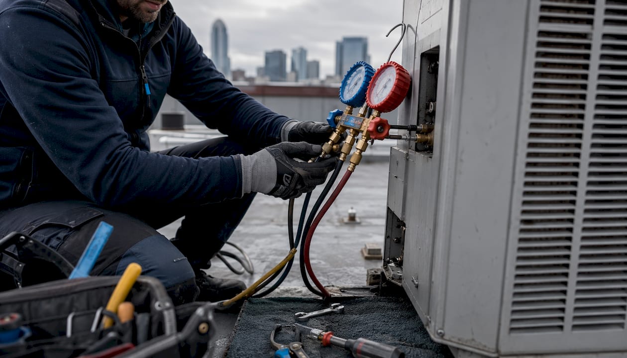 Hands using HVAC diagnostic tools on rooftop unit