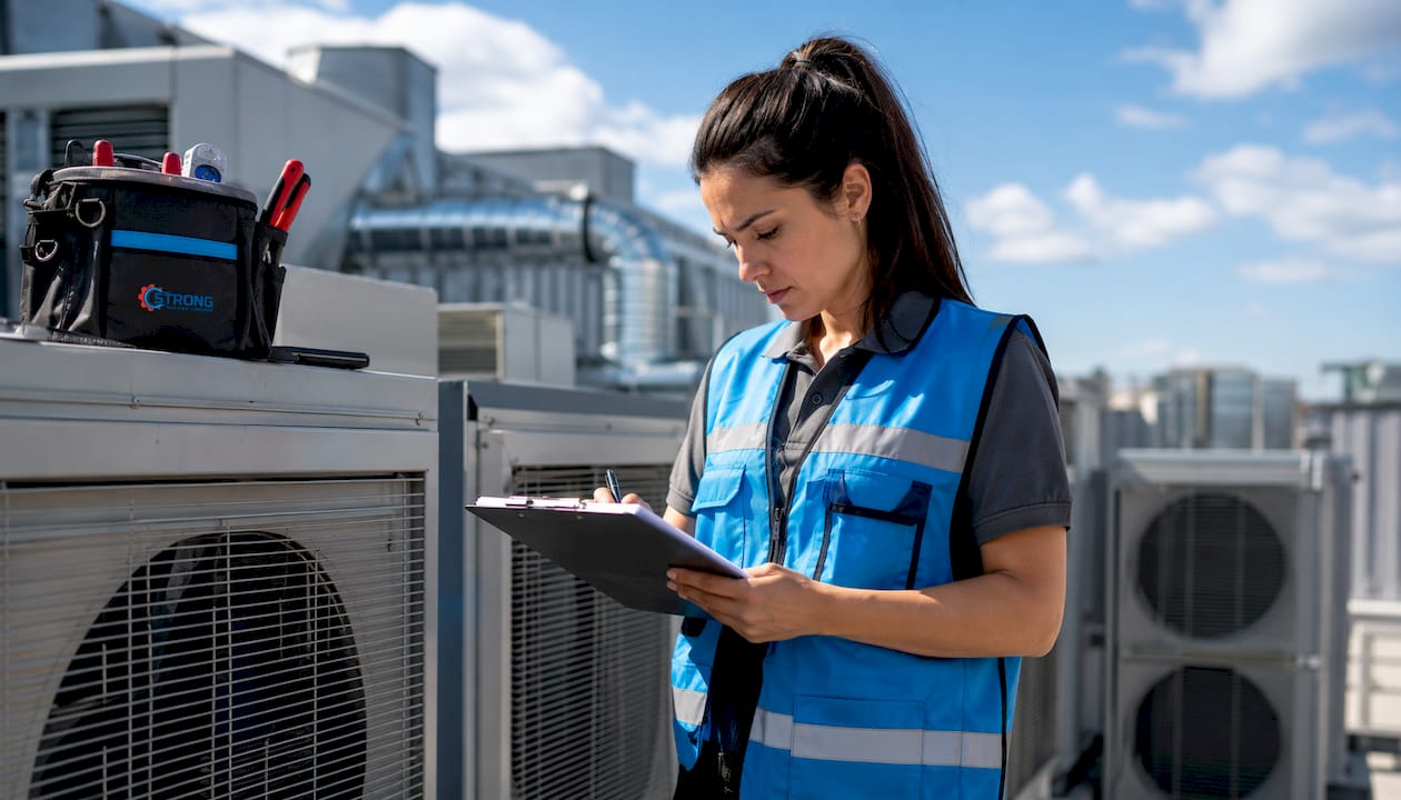 Technician reviewing HVAC maintenance checklist