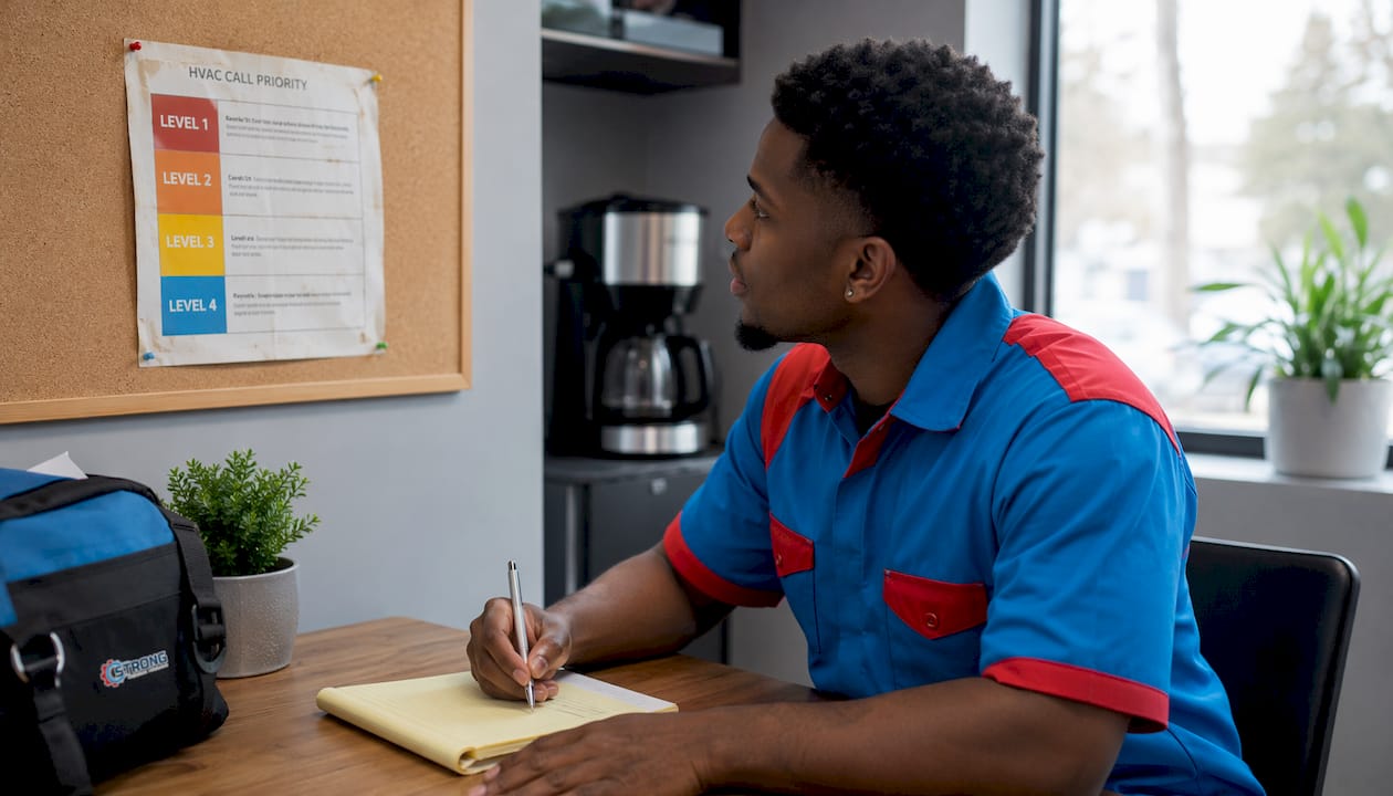 Technician reviewing HVAC call priority chart