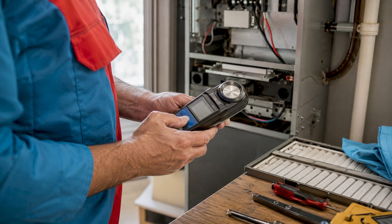 Technician checking furnace for gas leaks